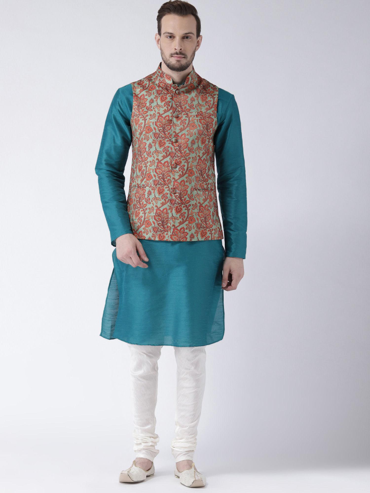 kurta and churidar with multi-color nehru jacket (set of 3)