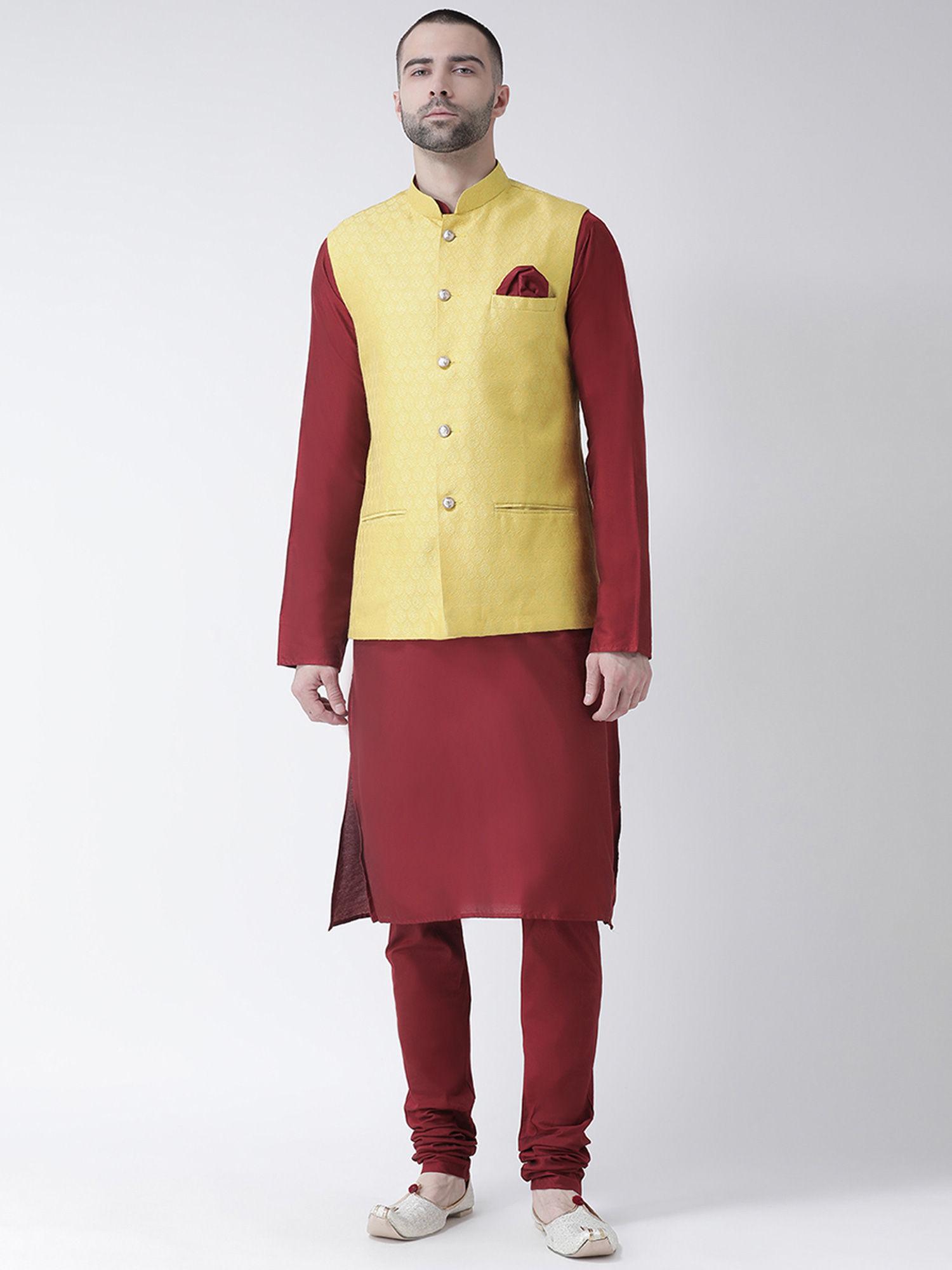 kurta and churidar with yellow nehru jacket (set of 3)