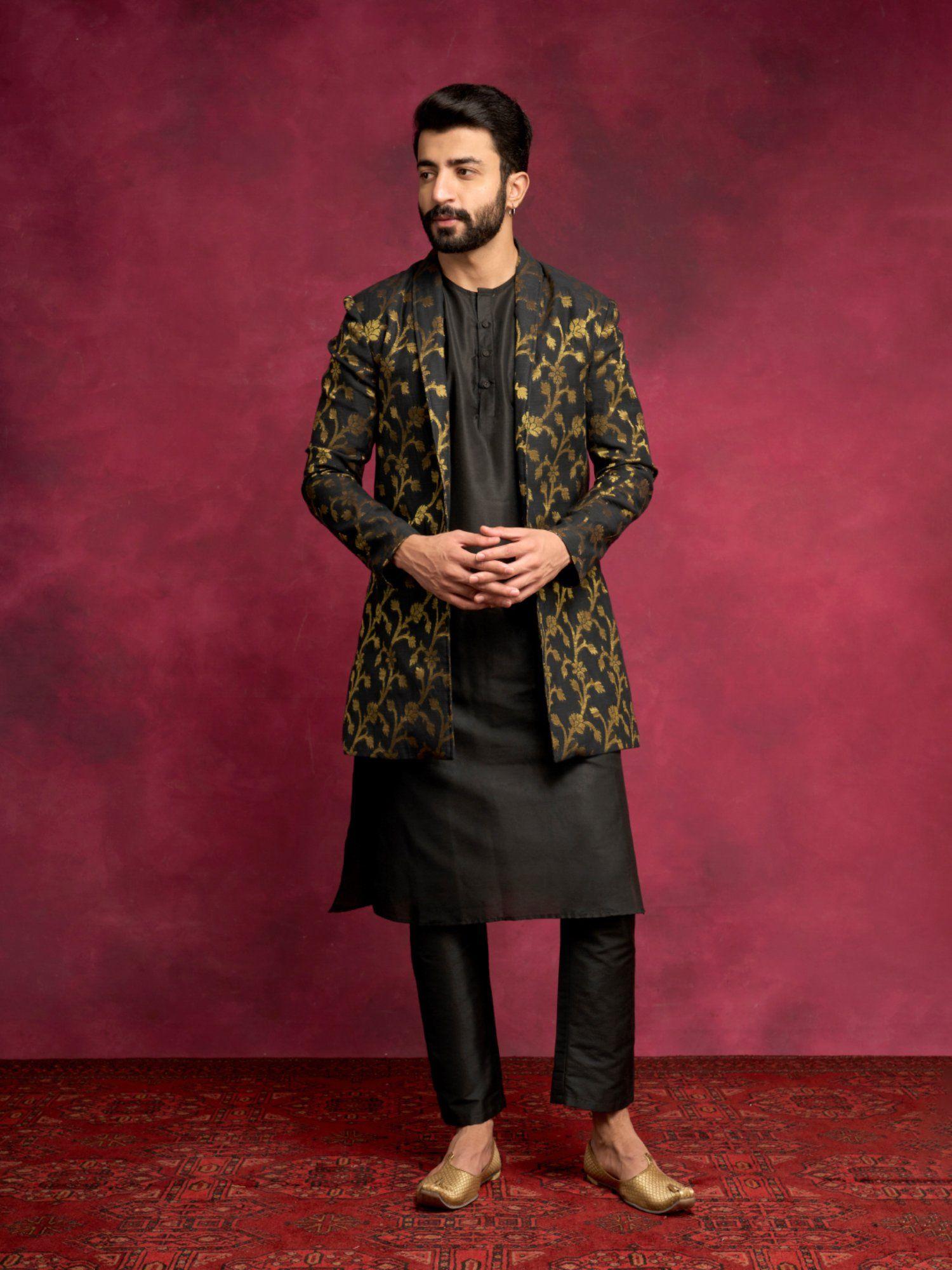 kurta layered with zari jacket paired with pants-rich black (set of 3)