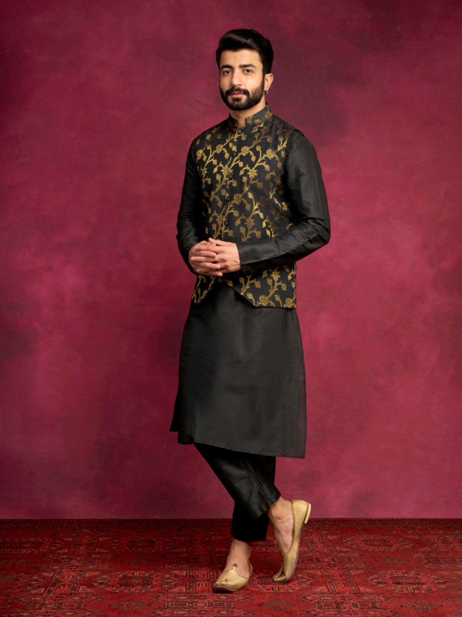 kurta layered with zari jacket paired with pants-rich black (set of 3)