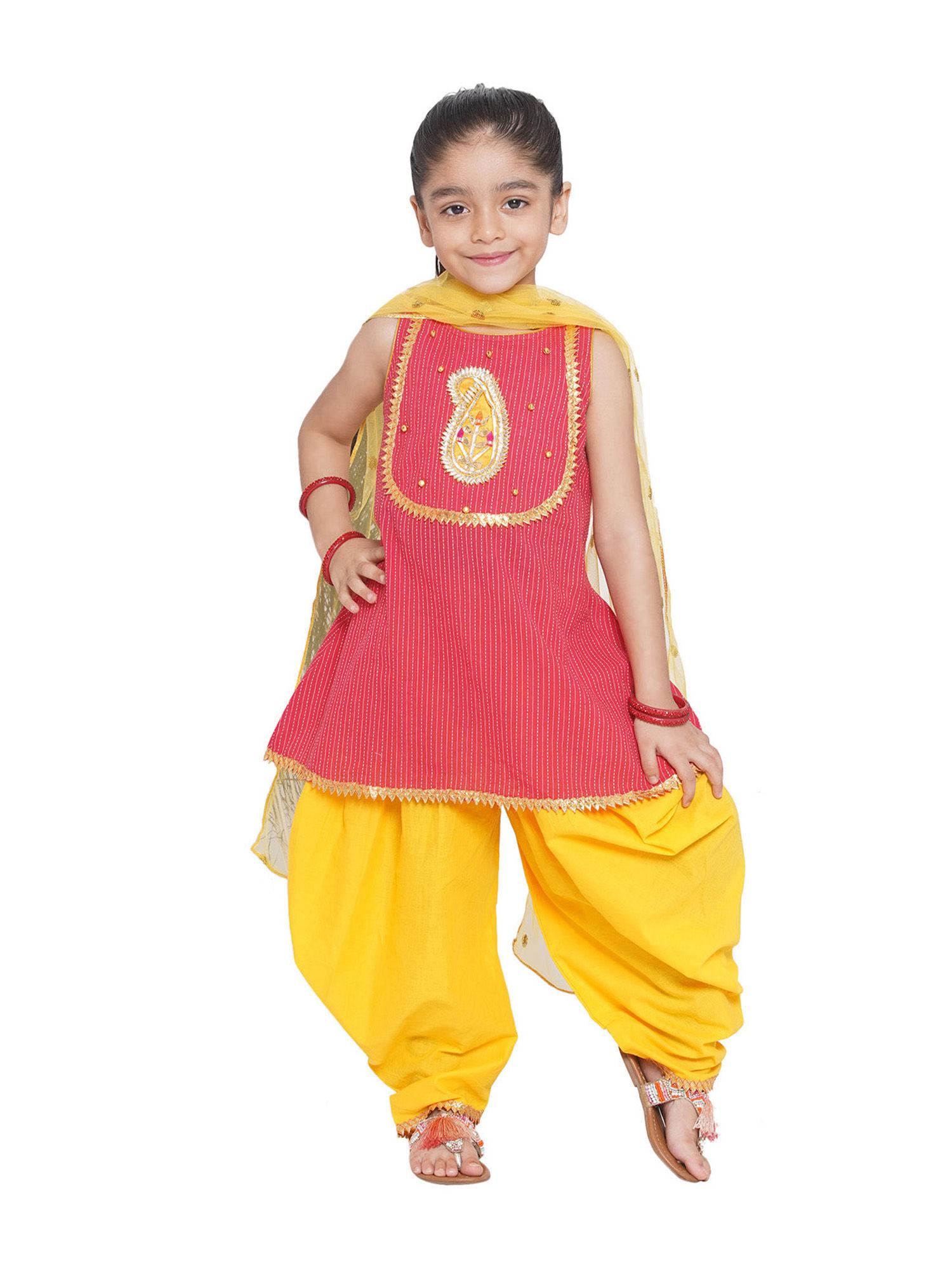 kurta with ghungroo-booti work salwar & dupatta-yellow & red (set of 3)