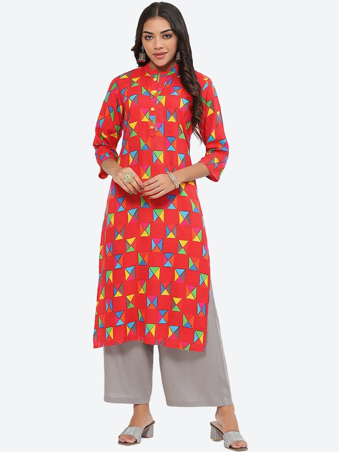 kurti's by menka geometric printed mandarin collar straight kurta