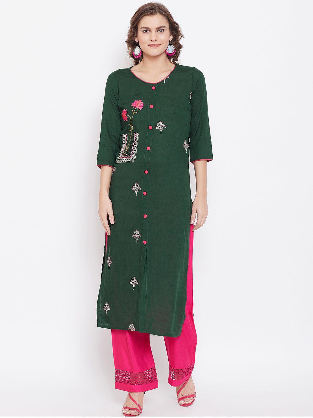kurti's by menka women green & pink floral embroidered straight kurta