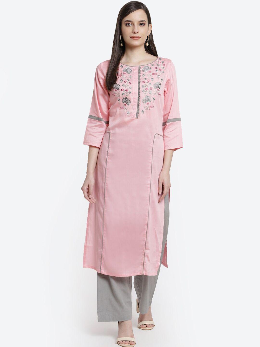 kurti's by menka women pink and grey embroidered yoke design rayon straight kurta