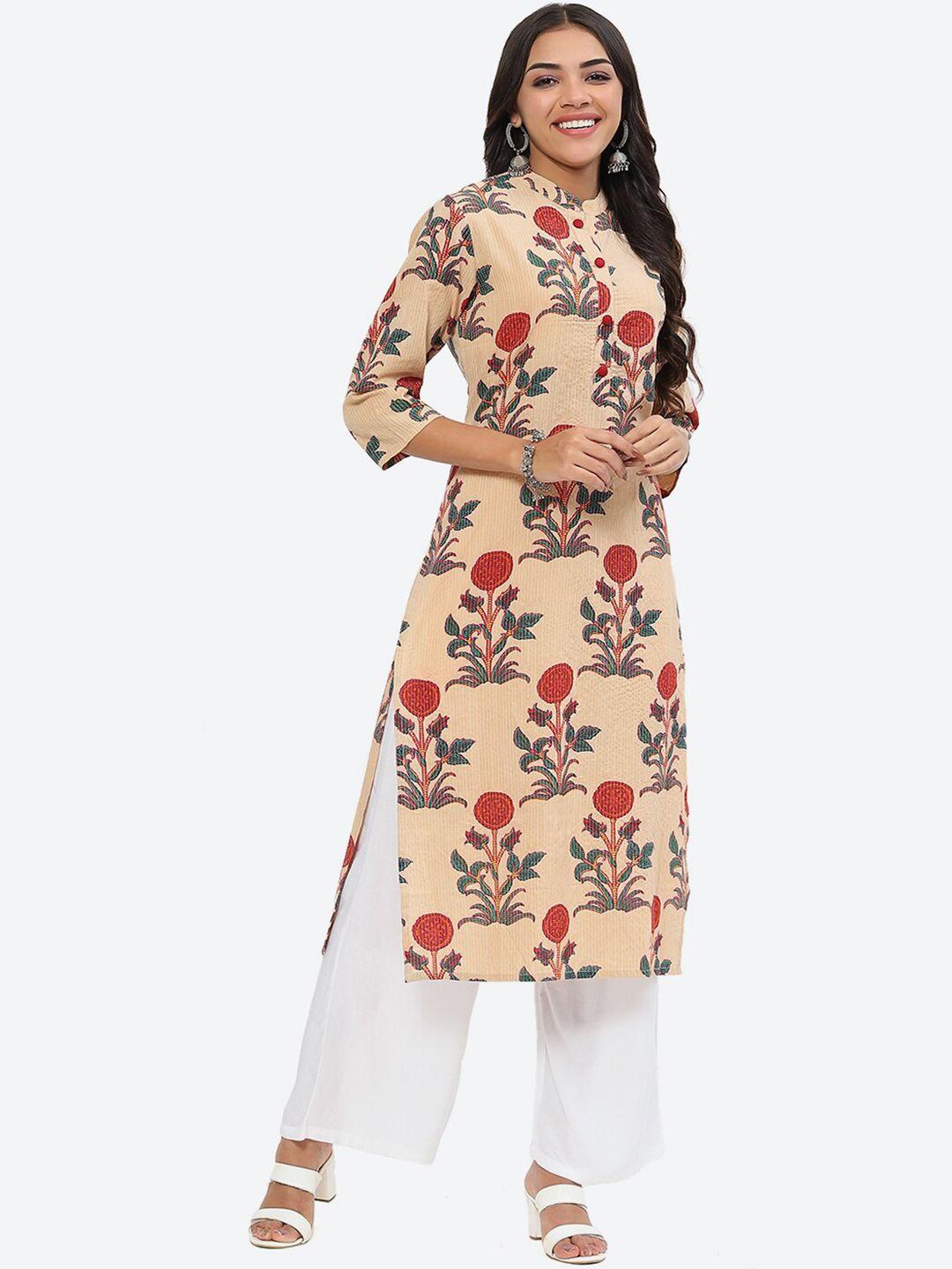 kurti's by menka floral printed mandarin collar pure cotton regular kurta