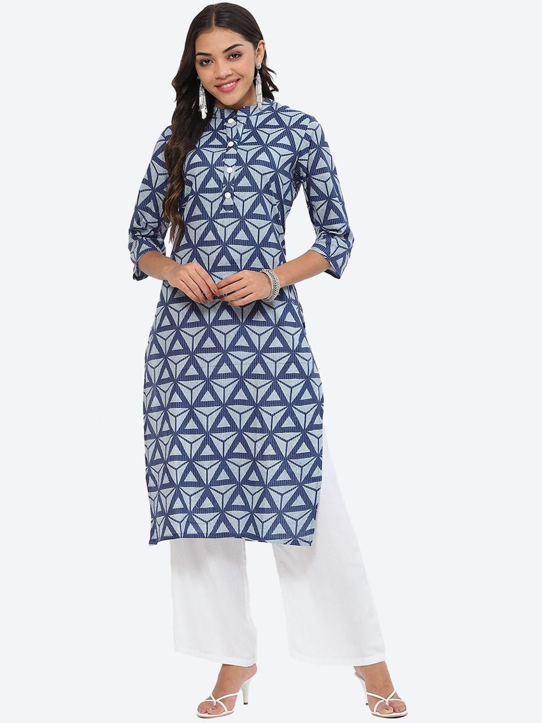 kurti's by menka geometric printed mandarin collar kurta