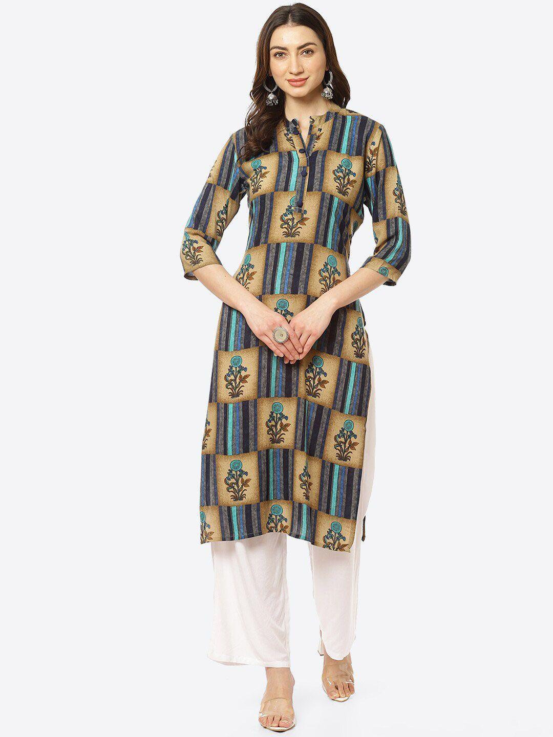 kurti's by menka women beige & blue abstract printed straight kurta