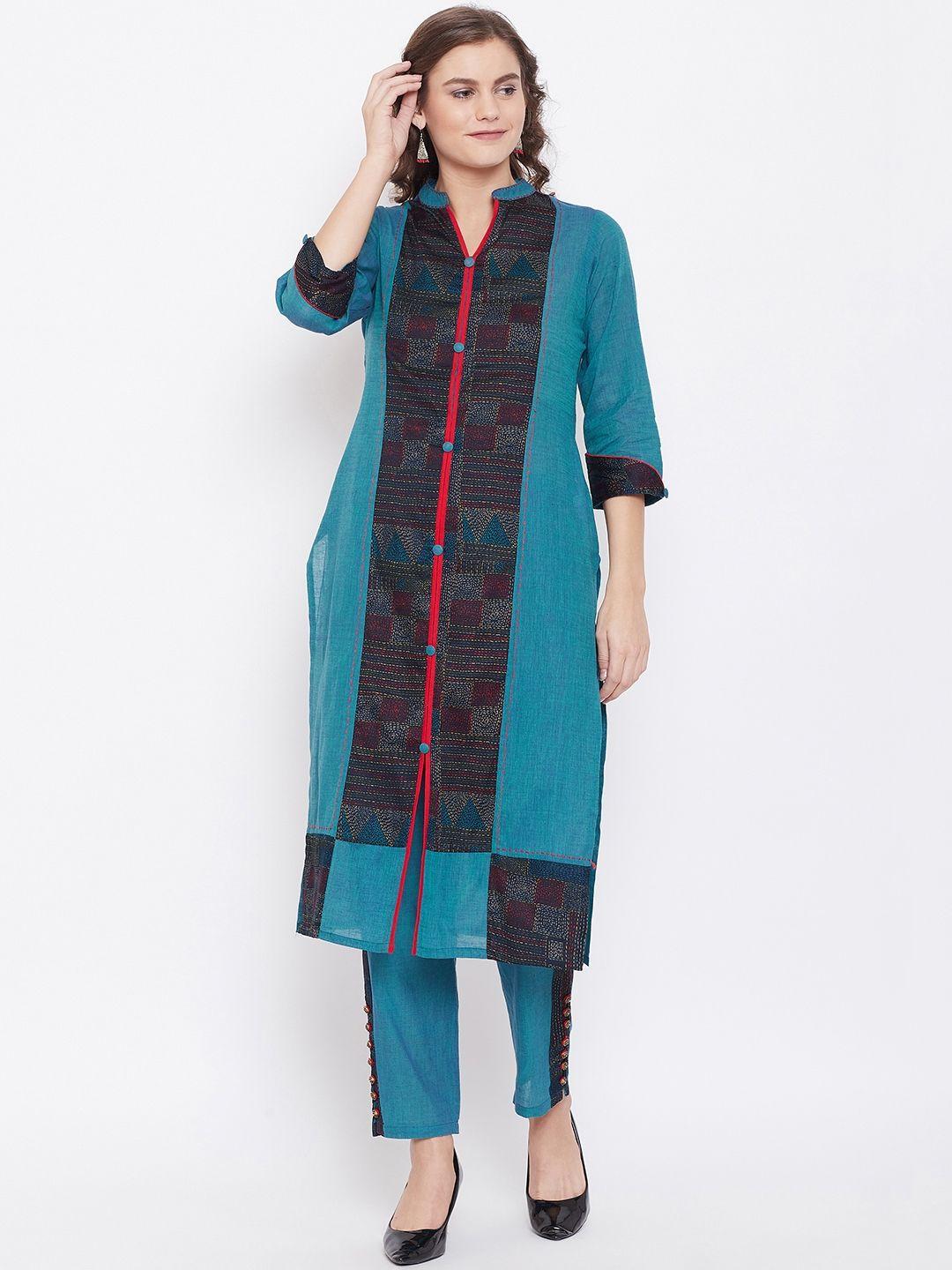 kurti's by menka women blue & red printed kurta with trousers