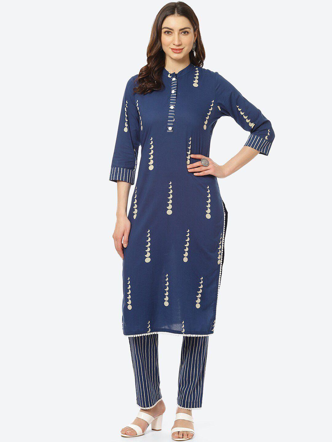 kurti's by menka women blue printed pure cotton kurta with palazzos