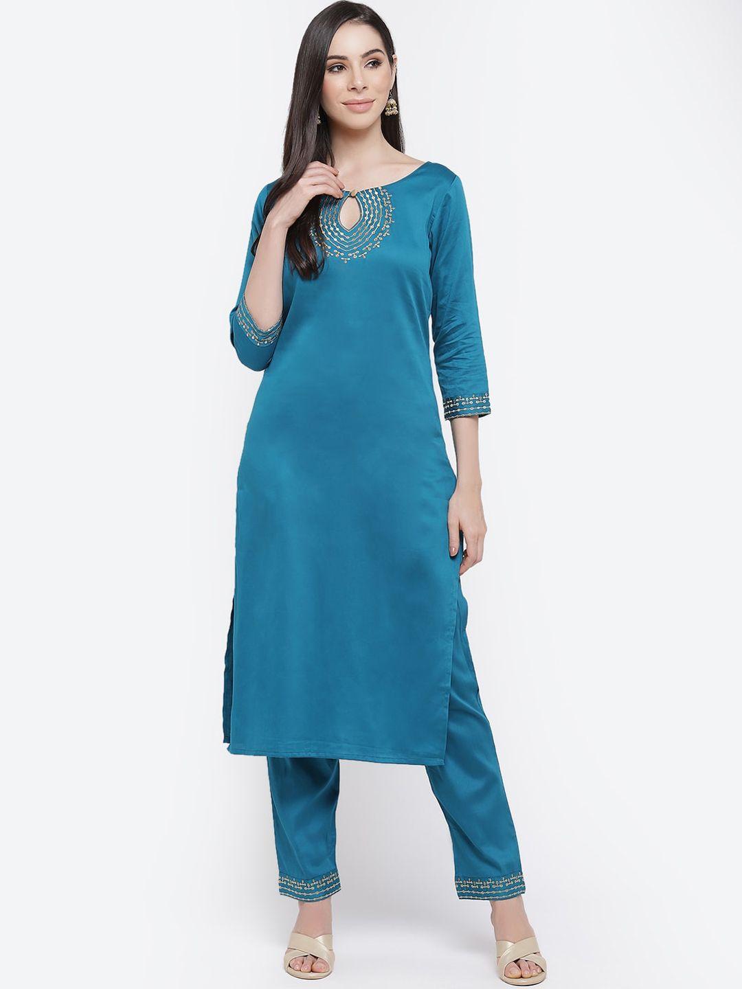 kurti's by menka women blue sequinned pure silk kurta with trousers