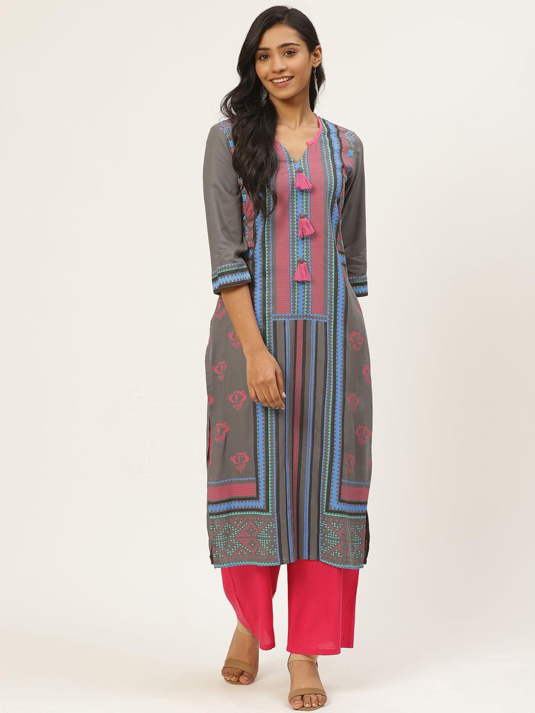 kurti's by menka women charcoal grey & pink striped straight kurta
