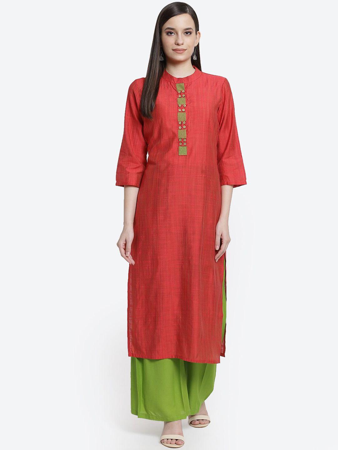 kurti's by menka women coral flared sleeves thread work anarkali kurta