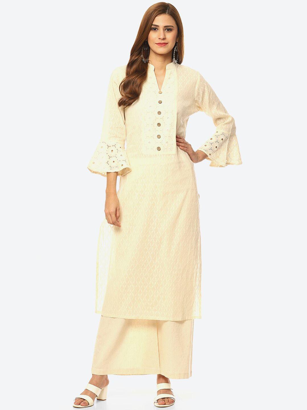 kurti's by menka women ethnic motifs embroidered bell sleeves thread work kurta