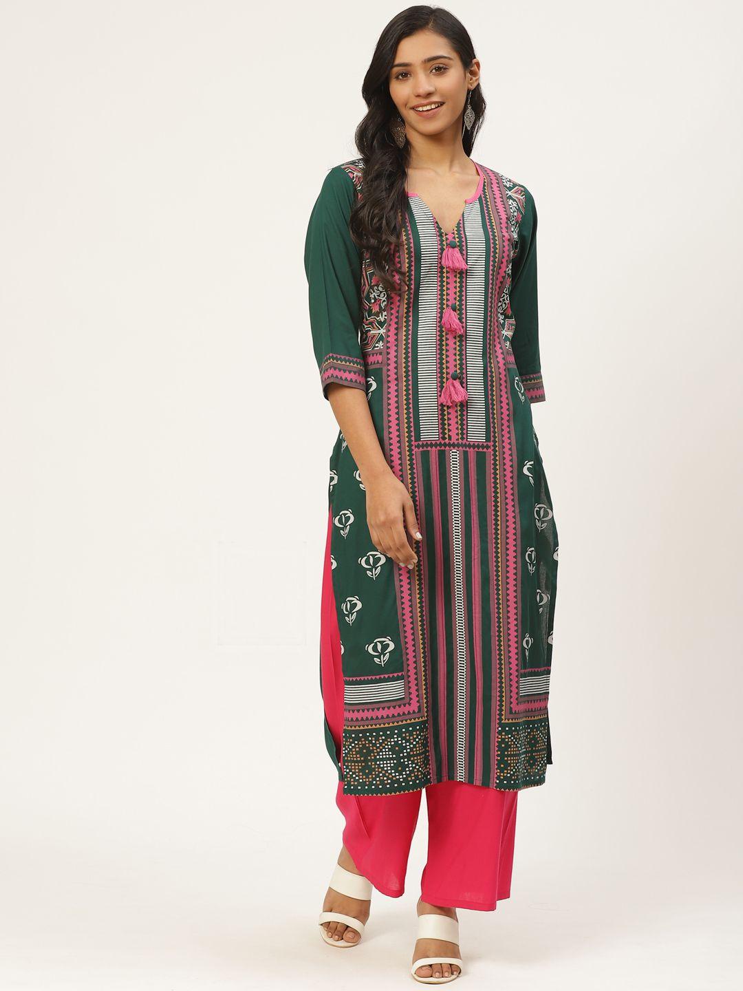 kurti's by menka women green & pink geometric print straight kurta with tasselled detail