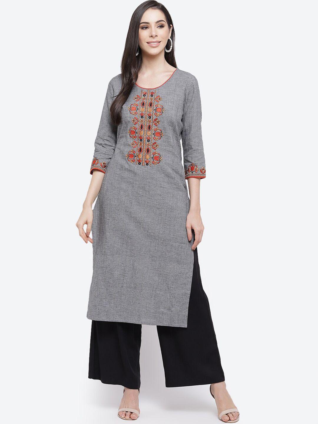 kurti's by menka women grey & orange embroidered cotton straight kurta