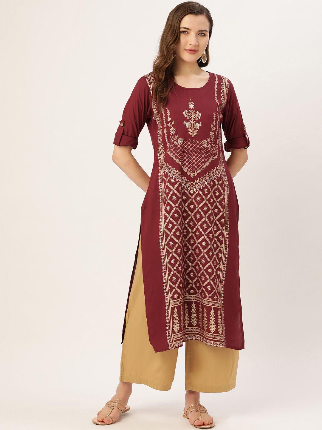 kurti's by menka women maroon & golden printed straight kurta