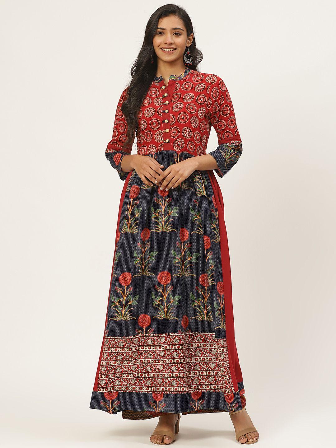 kurti's by menka women maroon & navy blue printed pure cotton a-line kurta