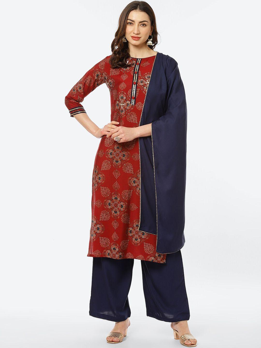 kurti's by menka women maroon ethnic motifs printed kurta with trousers & dupatta