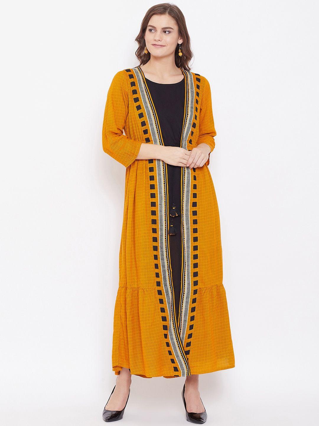 kurti's by menka women mustard yellow & black printed layered maxi dress