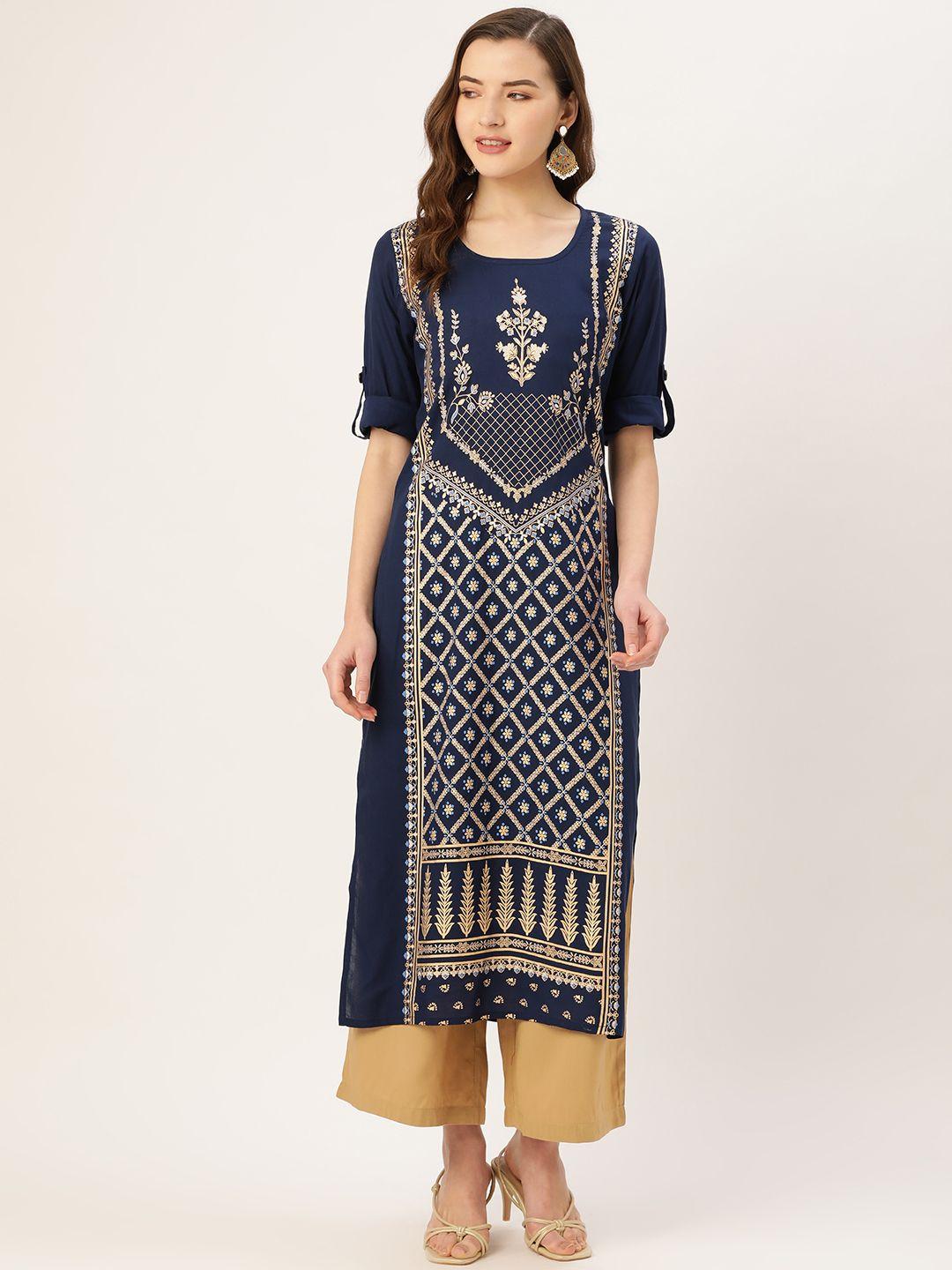 kurti's by menka women navy blue & golden printed straight kurta