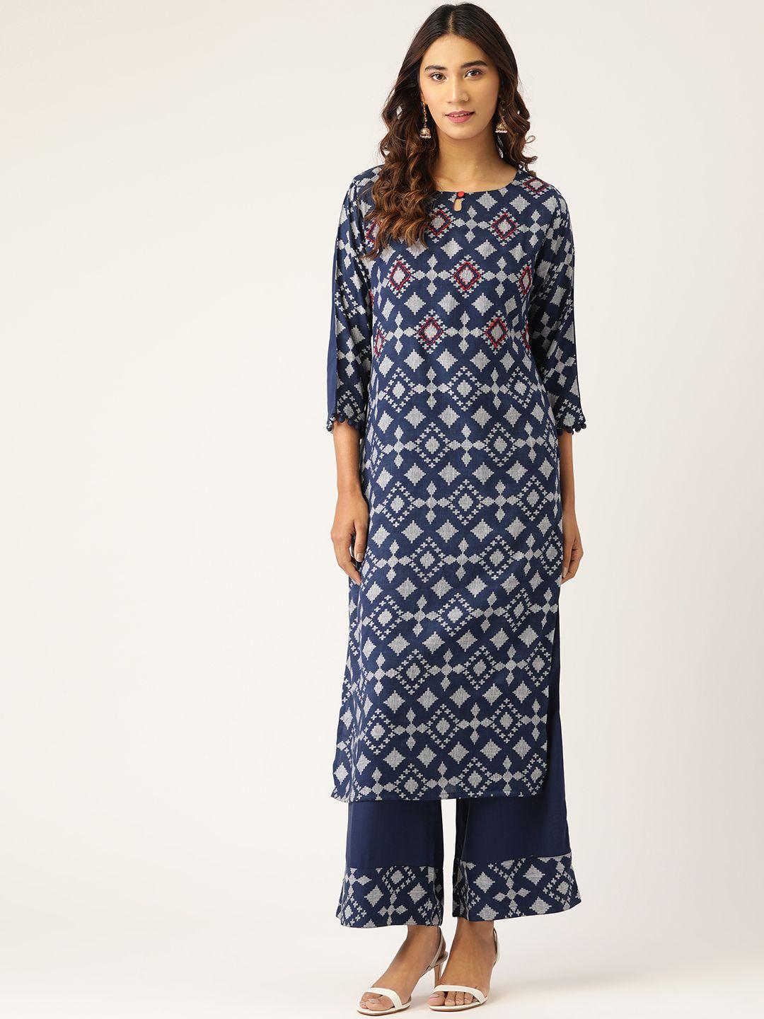 kurti's by menka women navy blue & white printed kurta with palazzos