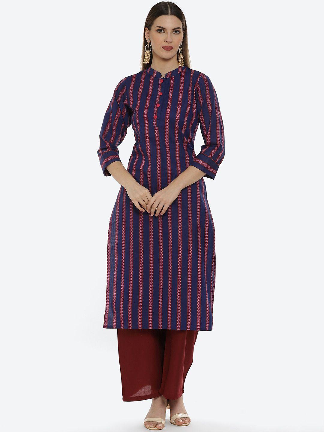 kurti's by menka women navy blue striped kurta