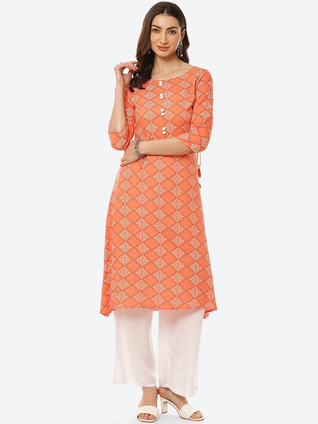 kurti's by menka women peach-coloured ethnic motifs printed kurta