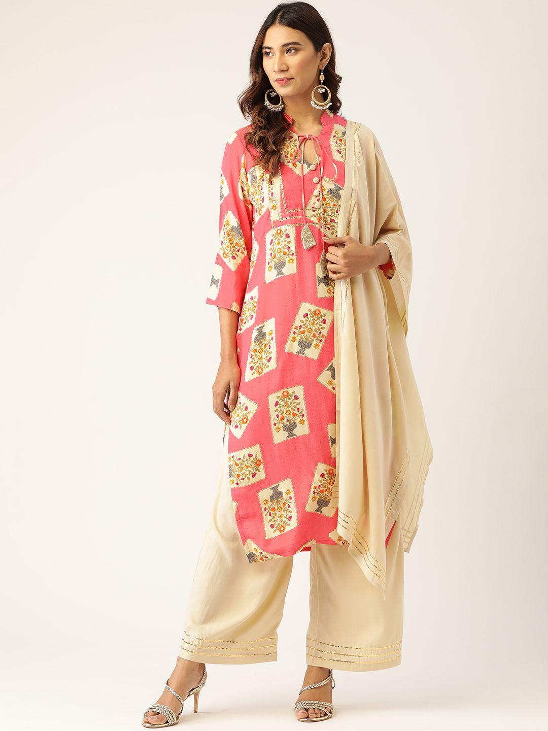 kurti's by menka women pink & beige printed kurta with palazzos & dupatta
