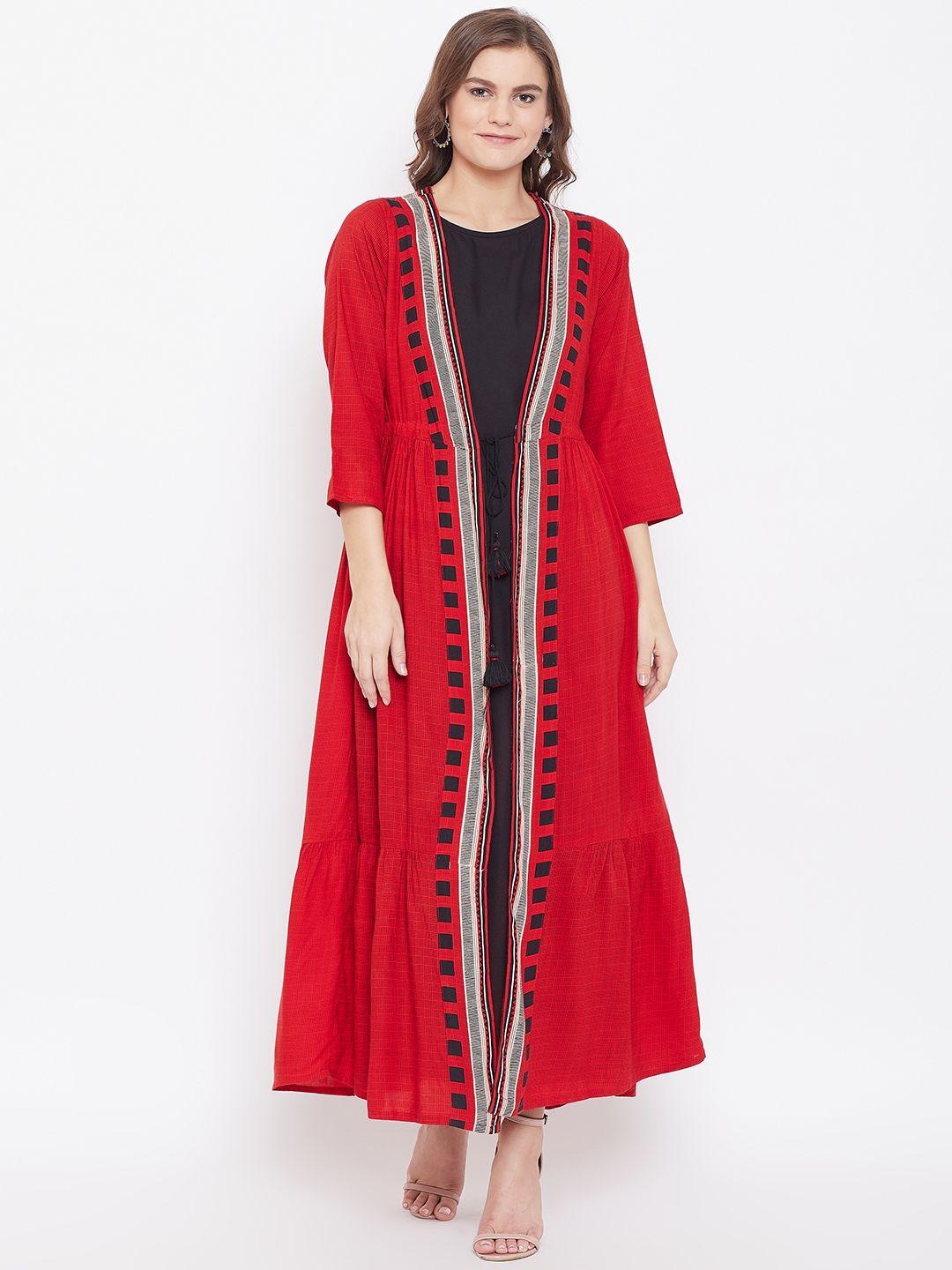 kurti's by menka women red & black printed layered maxi dress