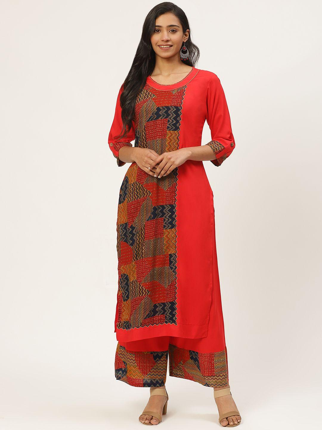kurti's by menka women red & navy blue printed kurta with palazzos