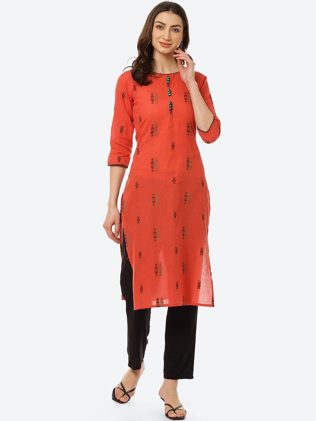 kurti's by menka women red ethnic motifs printed straight cotton kurta