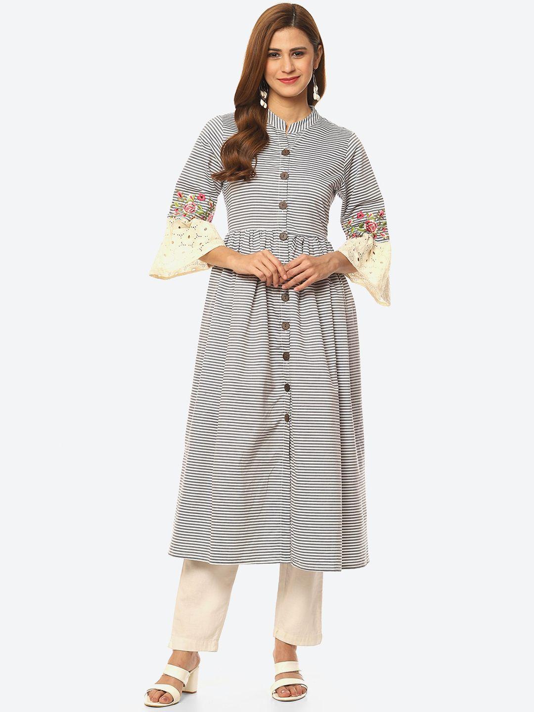kurti's by menka women striped bell sleeves cotton kurta