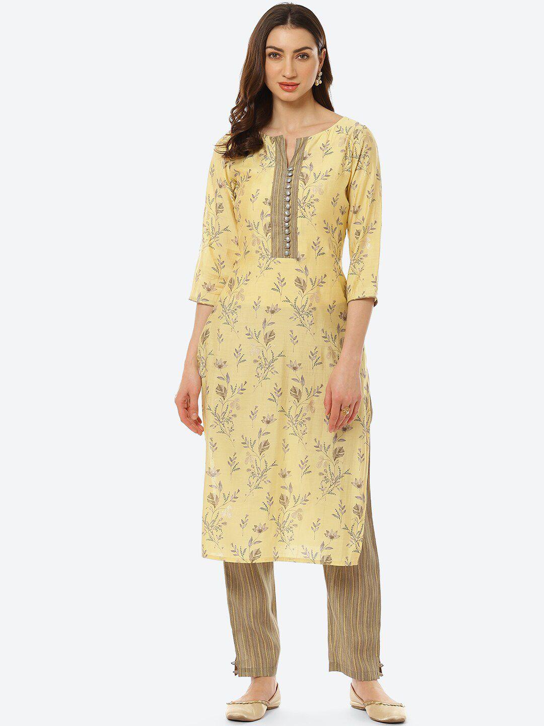 kurti's by menka women yellow & brown floral printed pure silk kurta with trousers