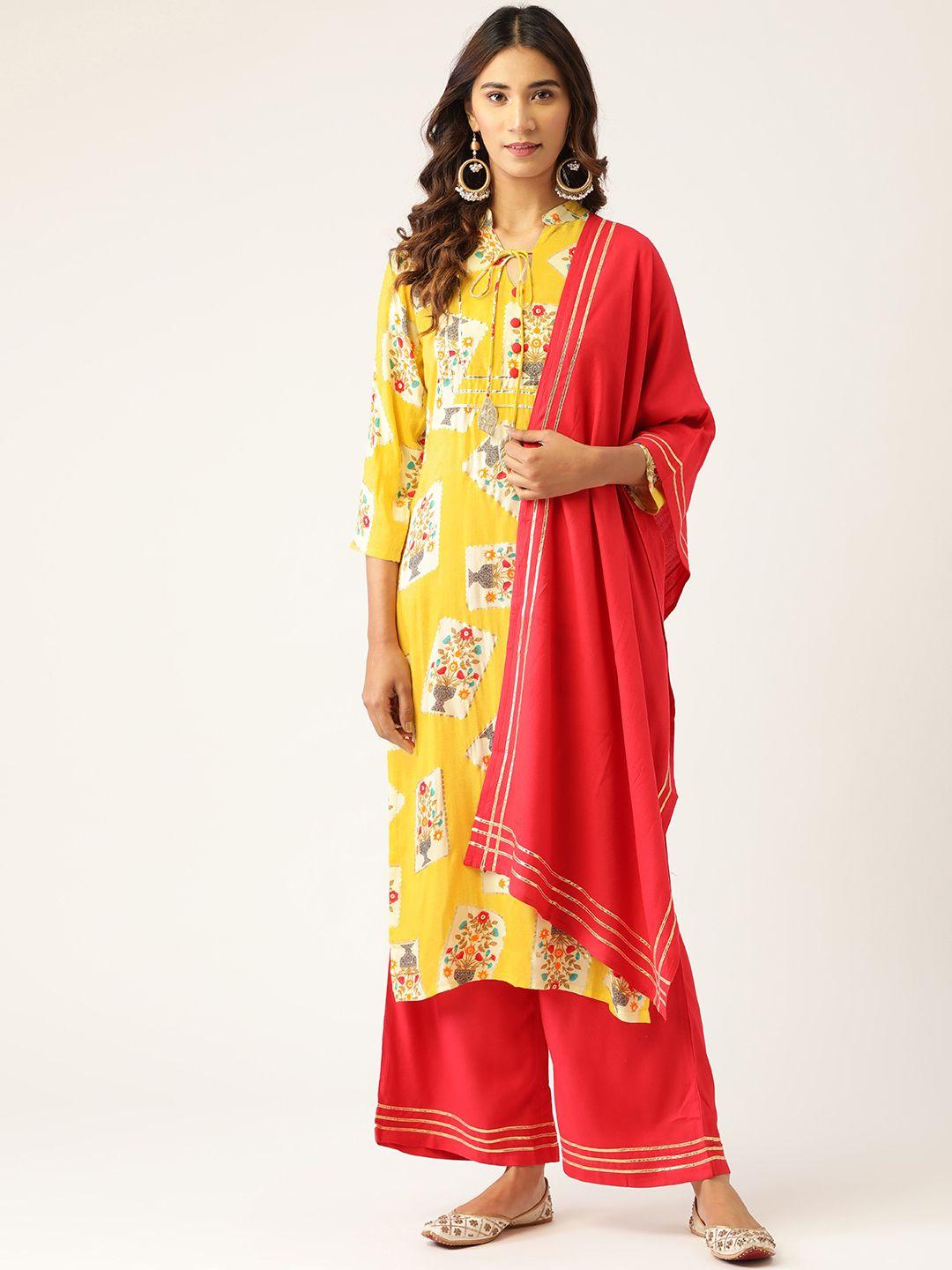 kurti's by menka women yellow & red printed kurta with palazzos & dupatta