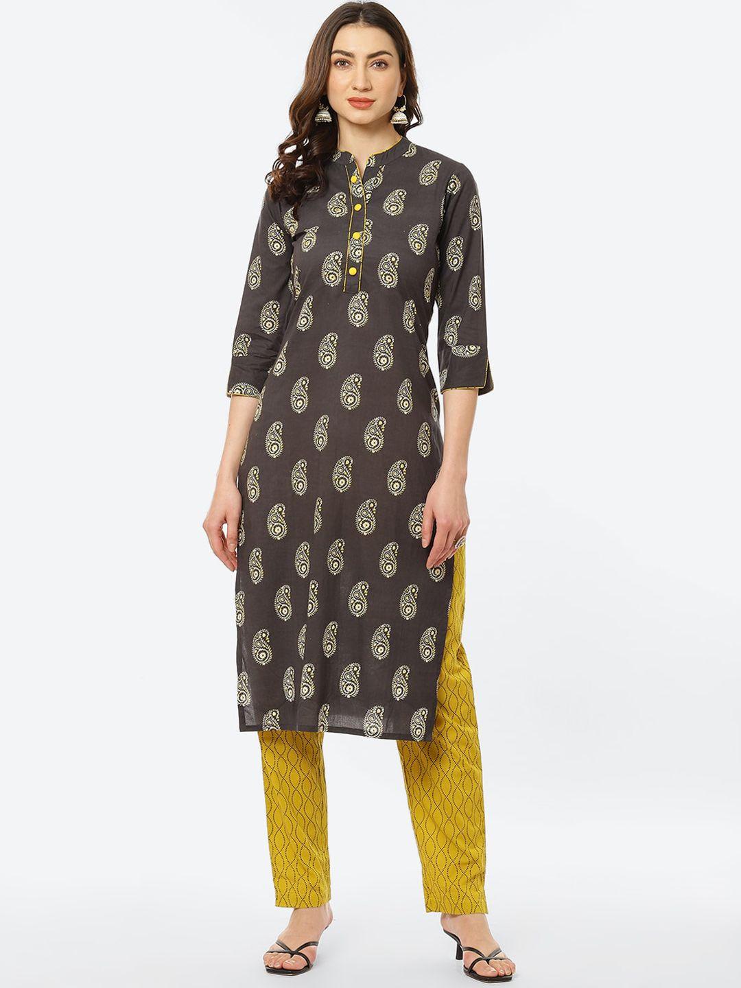 kurti's by menka women yellow ethnic motifs printed pure cotton kurta with trousers
