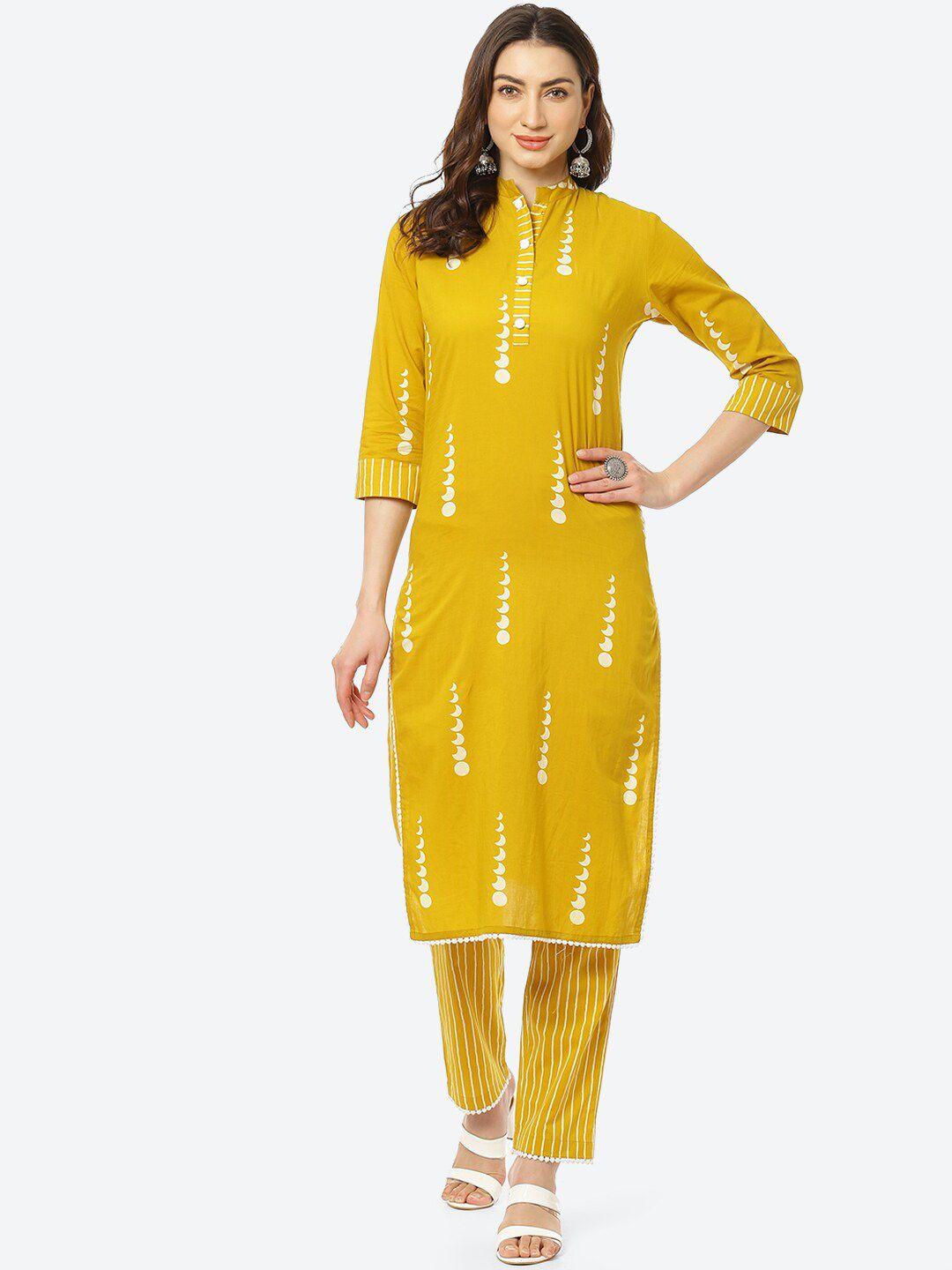 kurti's by menka women yellow printed pure cotton kurta with trousers