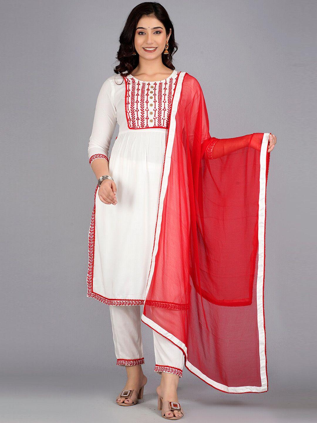 kurtipedia ethnic motifs embroidered high slit thread work kurta & trousers with dupatta