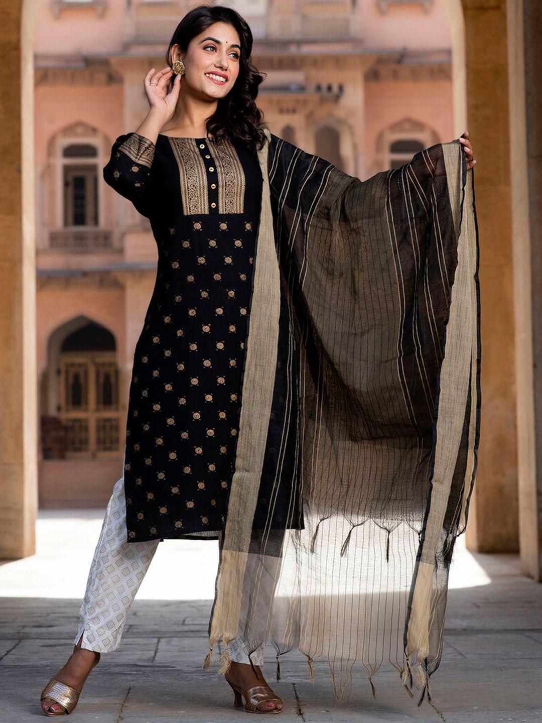 kurtipedia ethnic motifs printed zari kurta & trousers with dupatta