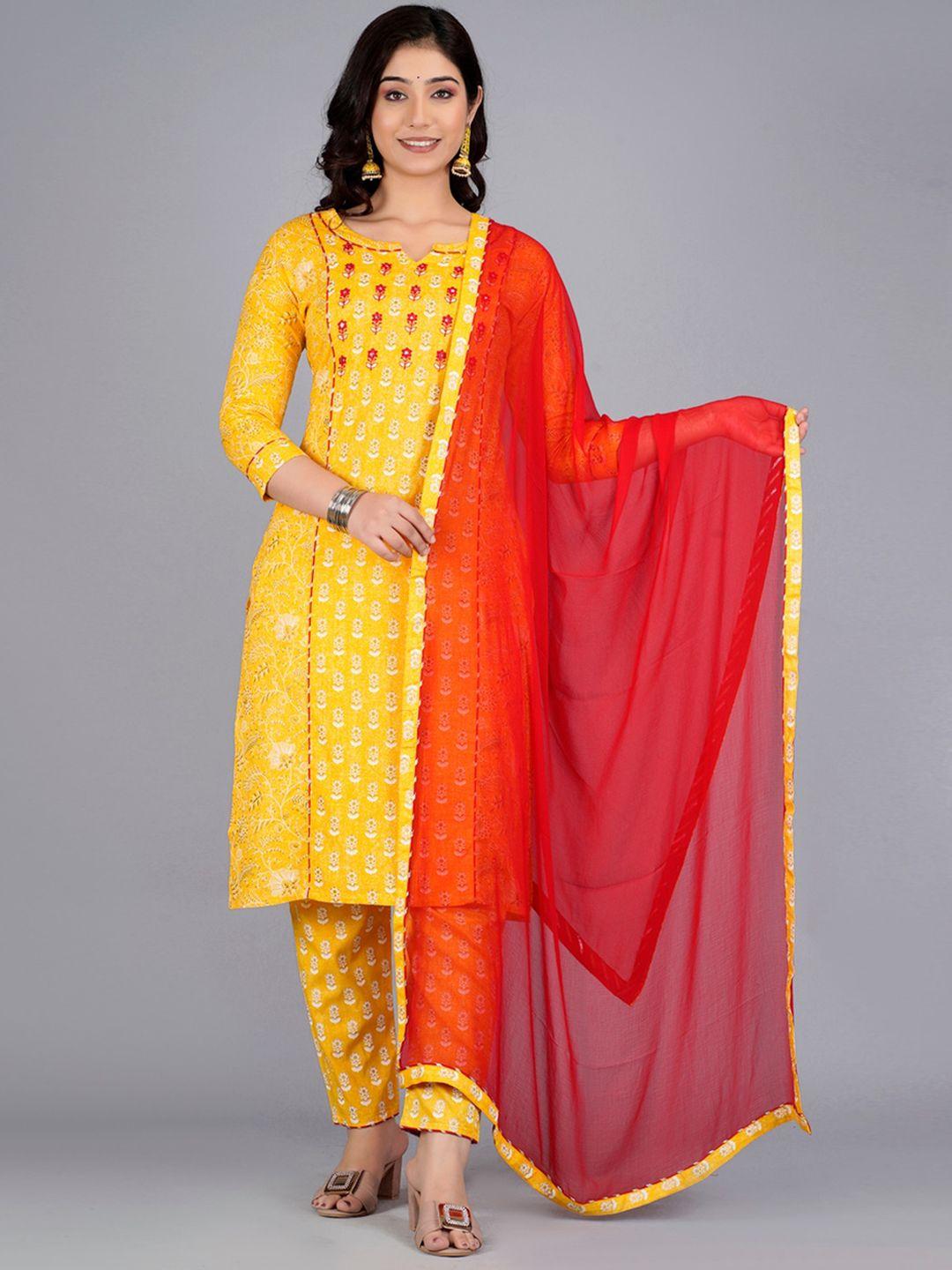 kurtipedia floral printed mirror work panelled kurta with trousers & dupatta