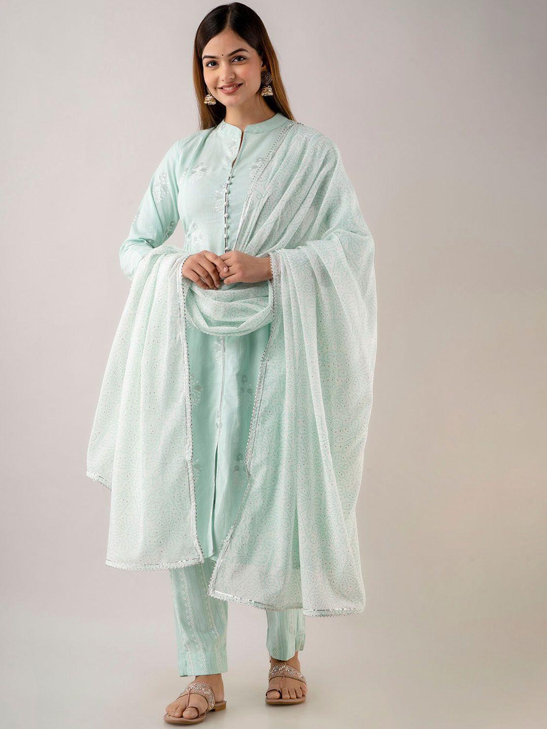 kurtipedia floral printed pleated pure cotton kurta with trousers & dupatta