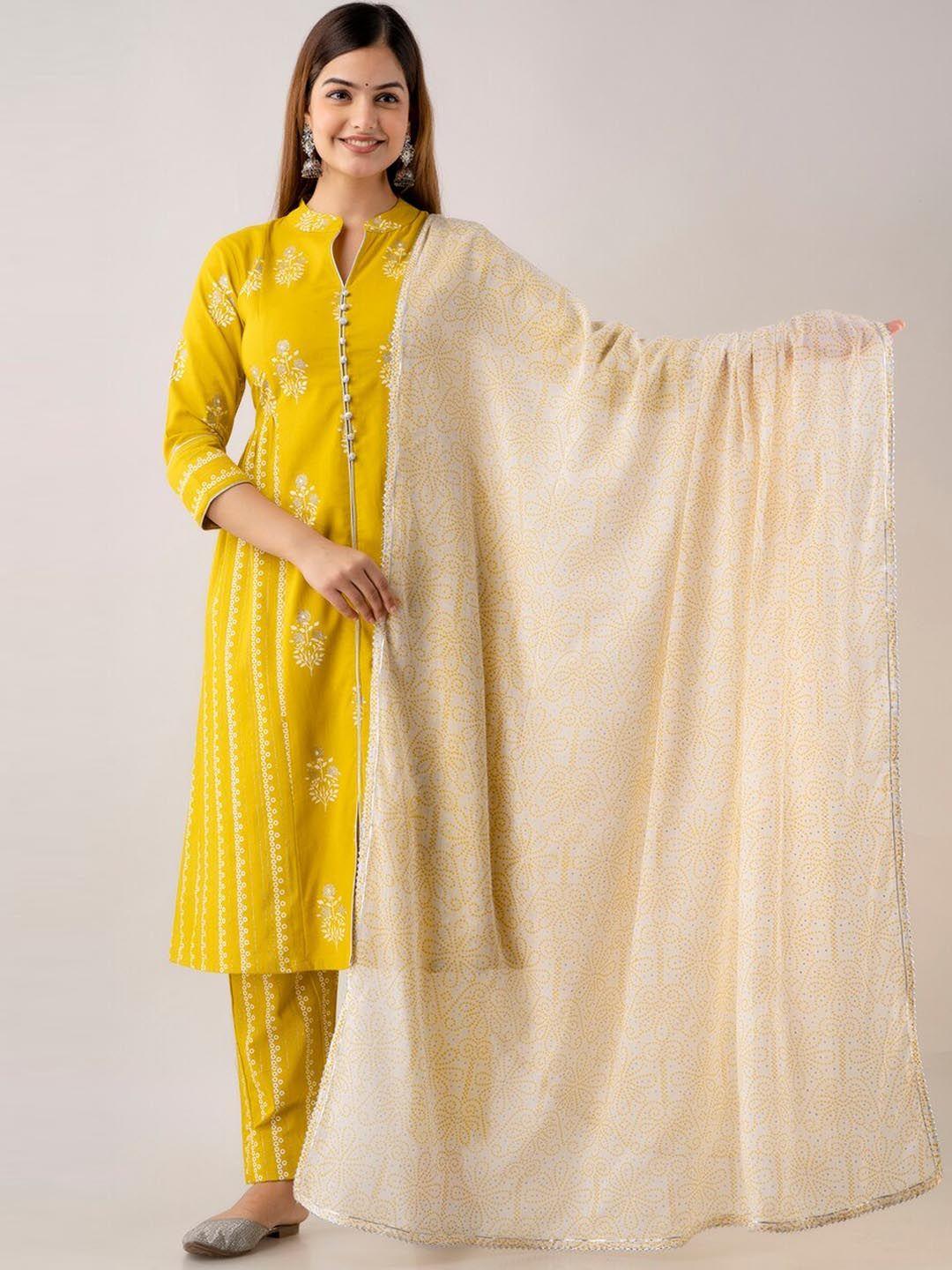 kurtipedia floral printed pure cotton kurta with trousers & dupatta