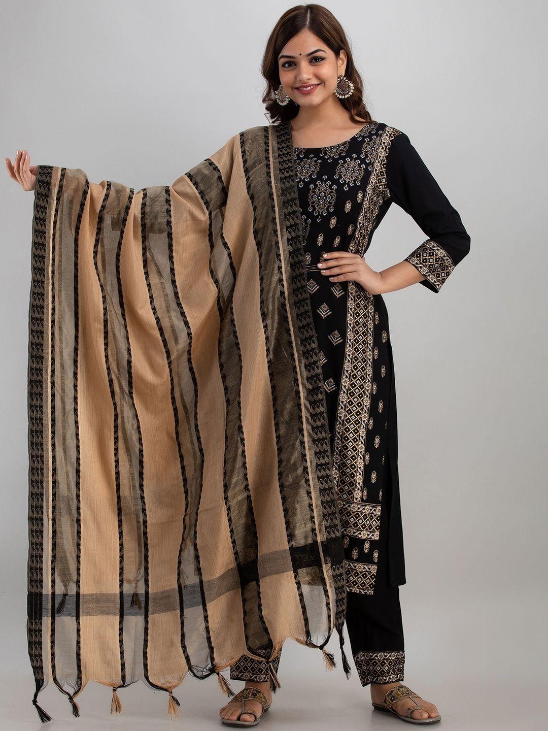 kurtipedia women black patchwork kurta with churidar & with dupatta