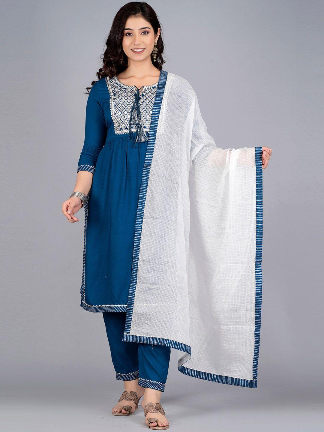 kurtipedia women blue embroidered empire mirror work kurta with trousers & with dupatta
