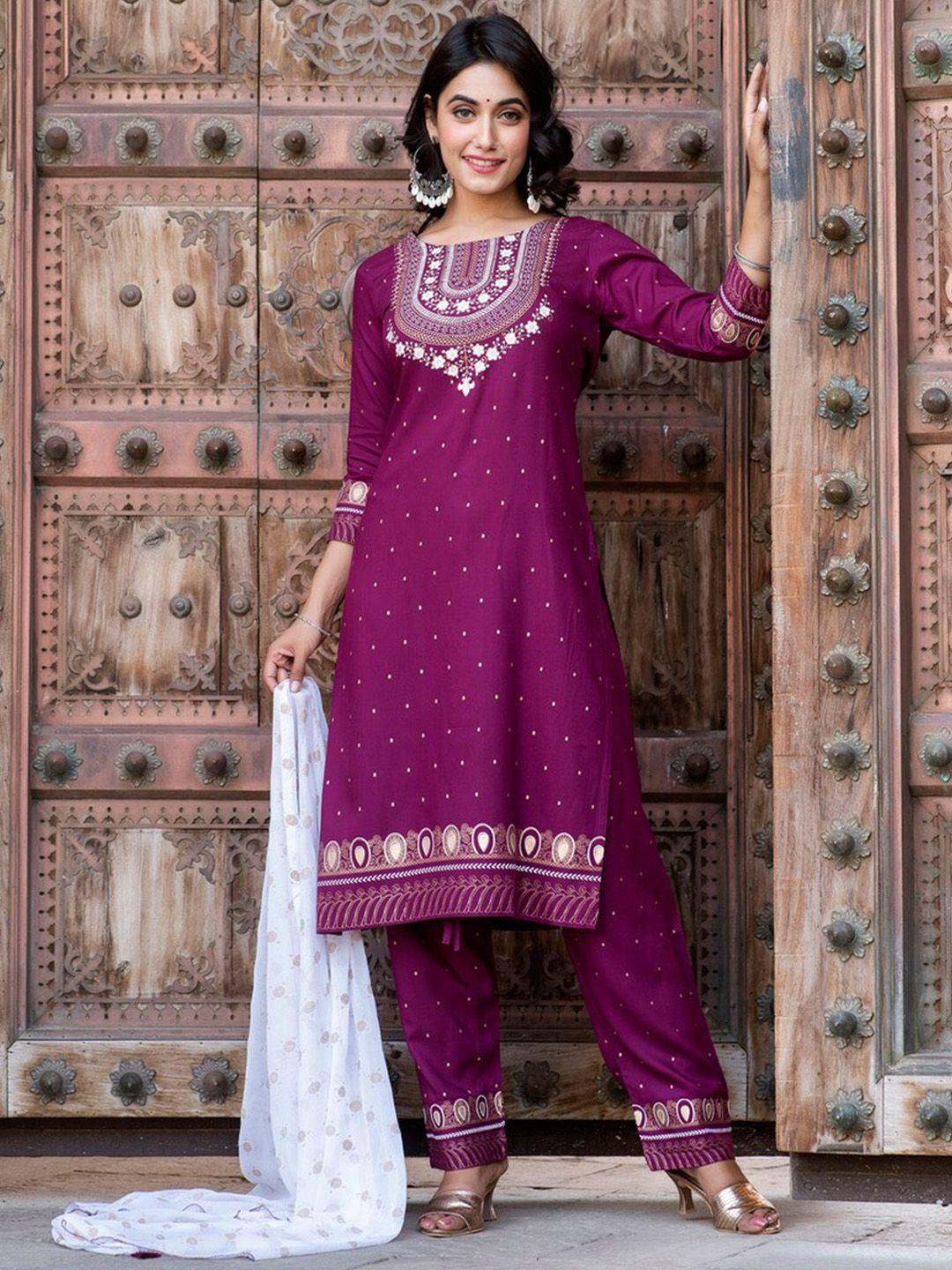 kurtipedia women burgundy ethnic motifs printed kurta with trousers & with dupatta