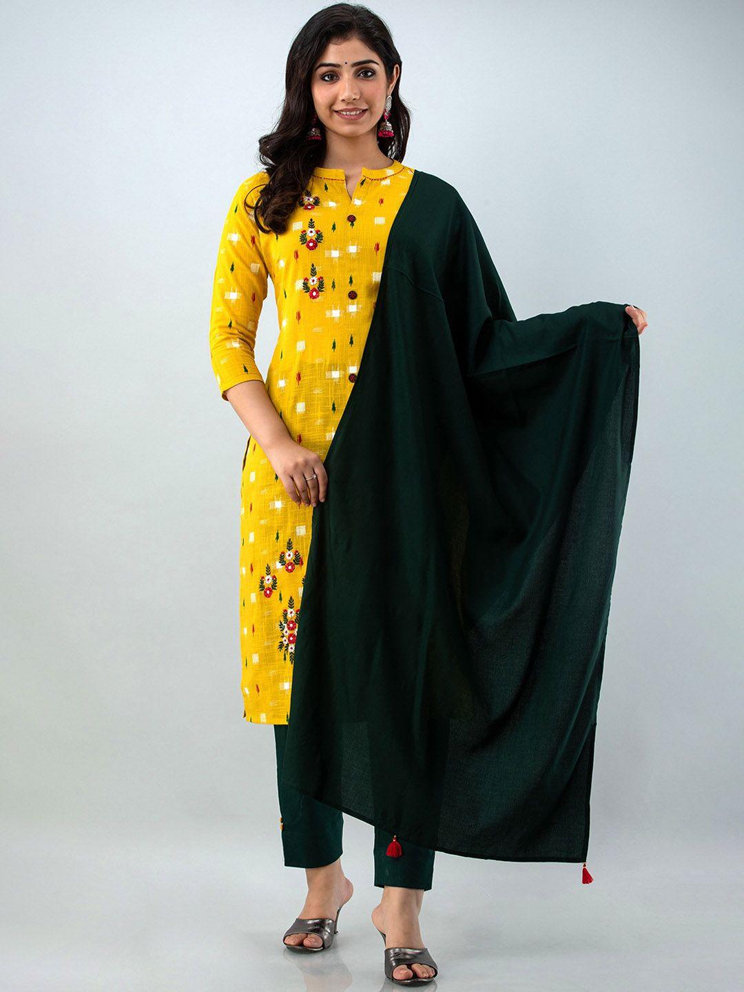 kurtipedia women mustard yellow floral printed mirror work pure cotton kurta with trousers & with dupatta