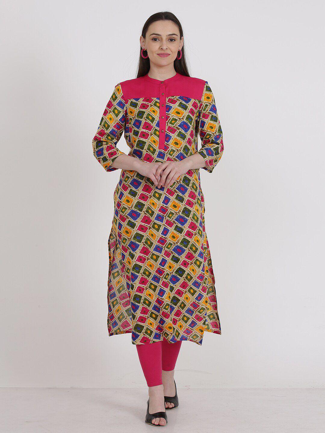 kurtsy pink & multicoloured geometric printed cotton kurti