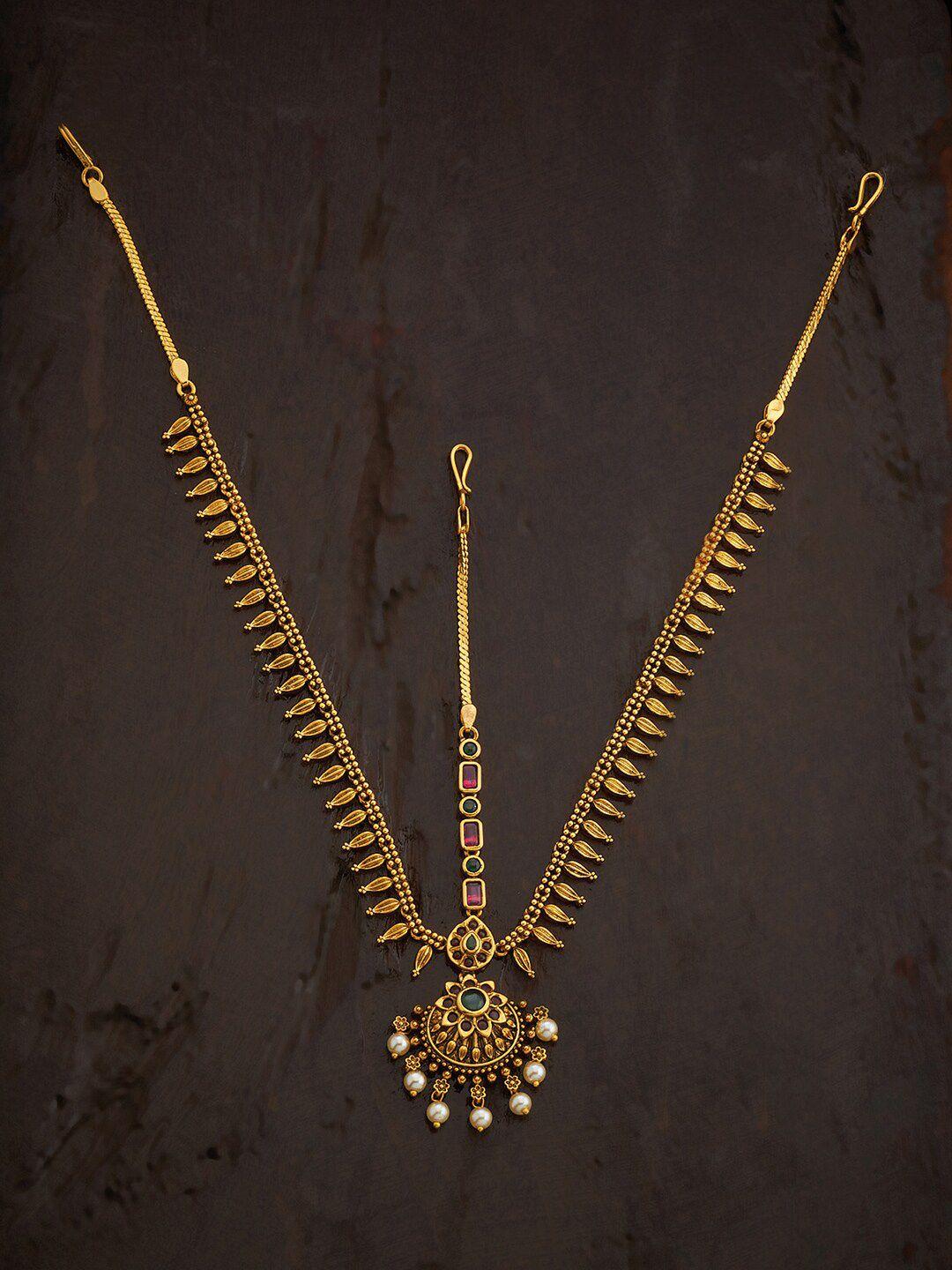 kushal's fashion jewellery  gold-plated kundan-studded antique layered matha patti