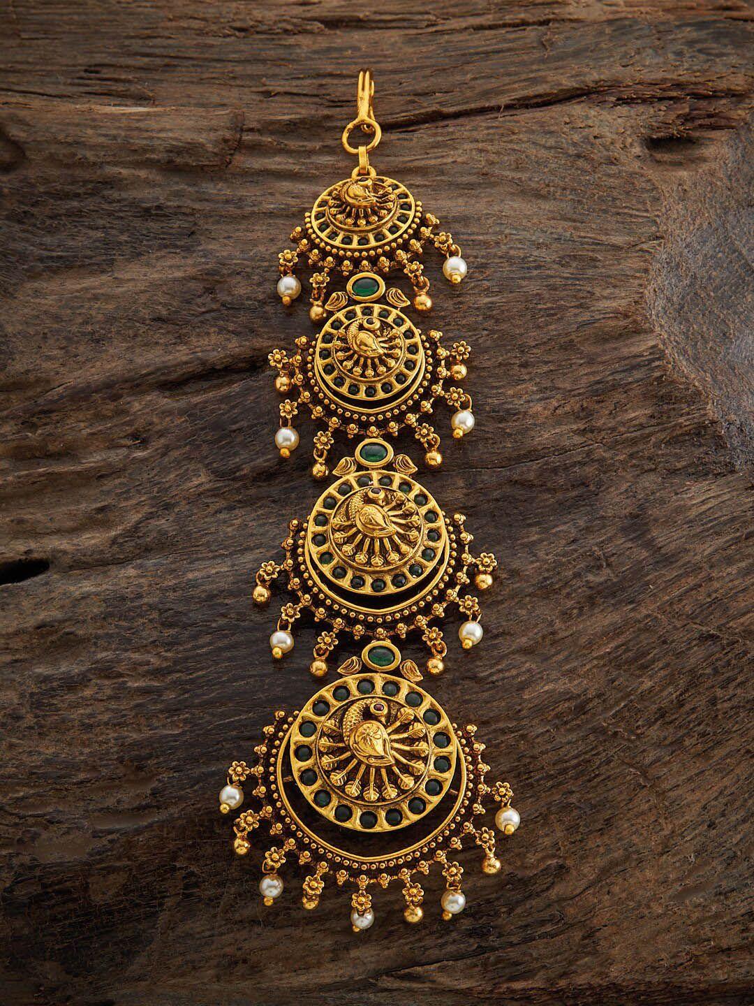 kushal's fashion jewellery gol -plated stone studded antique maang tikka