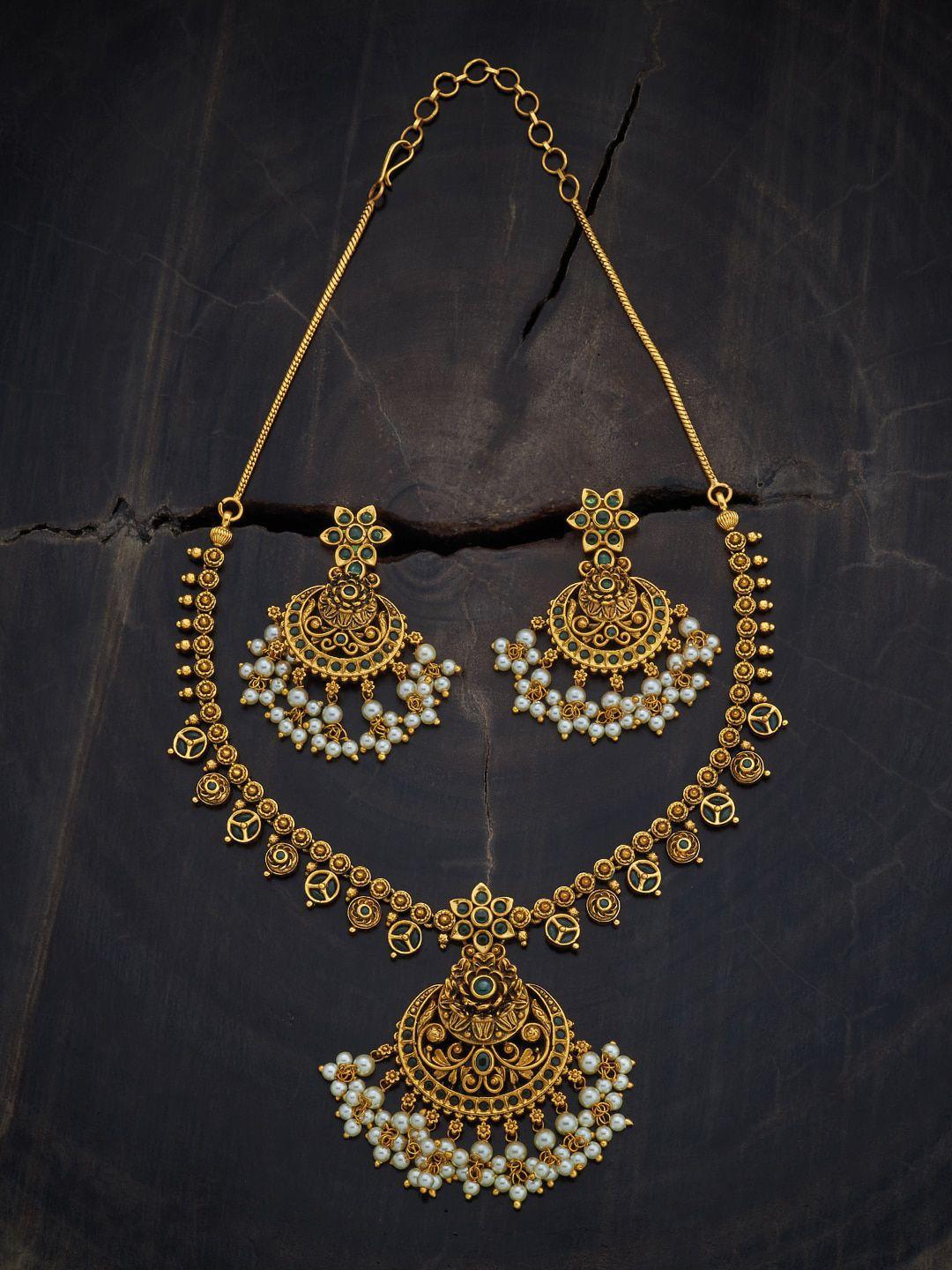 kushal's fashion jewellery gold-plated stone-studded & pearl beaded jewellery set
