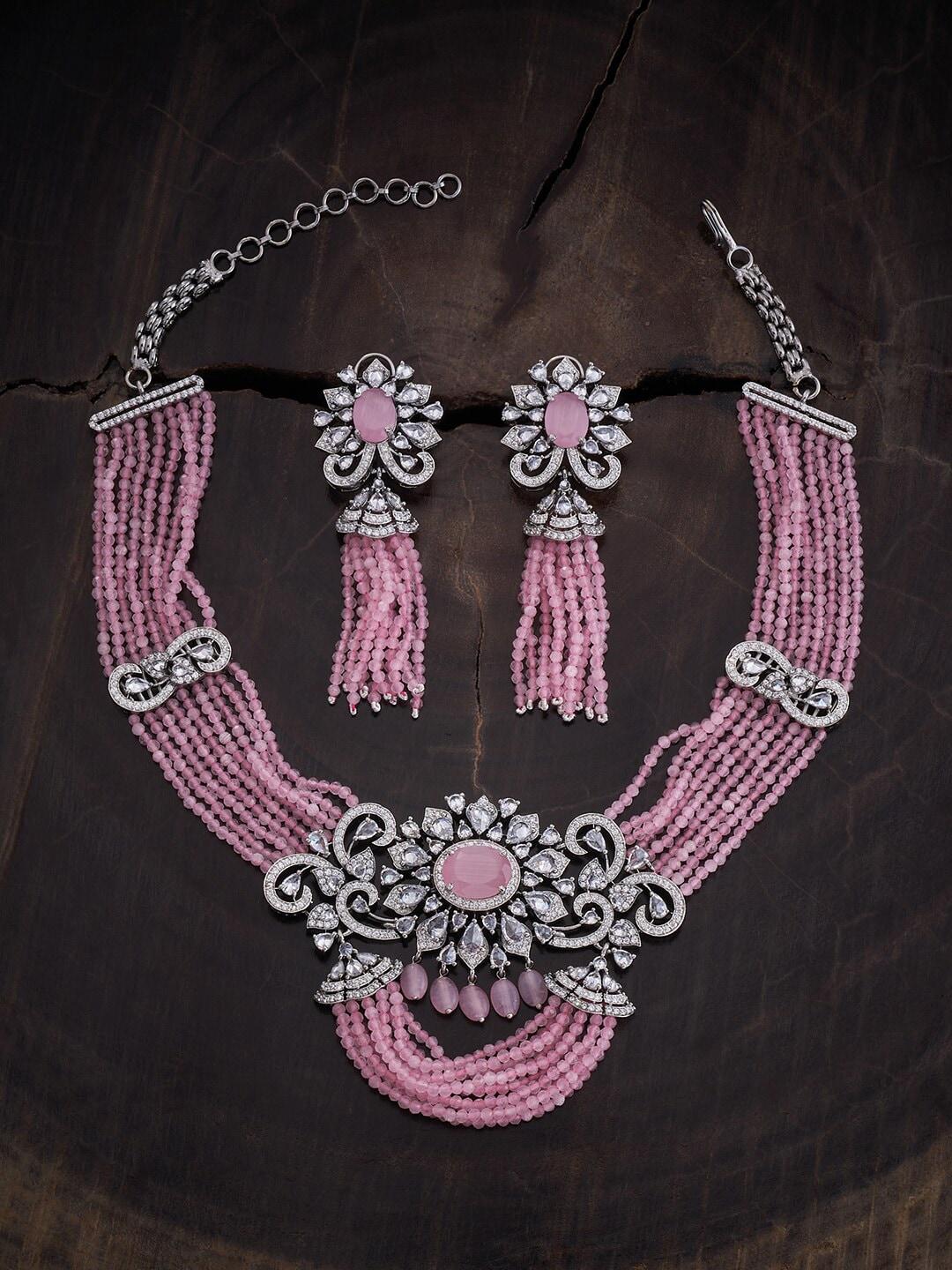 kushal's fashion jewellery rhodium plated cubic zirconia studded & beaded jewellery set
